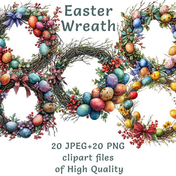 Easter Wreath Clipart, 15 High-Quality Decorated Wreaths with Colored Eggs, PNG and JPEG, Watercolor Floral Art for Commercial Use