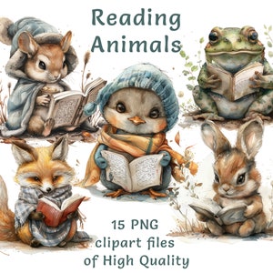 May include: A set of 15 digital clipart images featuring watercolor illustrations of animals reading books. The animals include a frog, a bird, a rabbit, a fox, and a mouse. The images are high quality and perfect for use in digital projects.