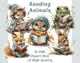 Op de afbeelding: Een set van 15 digitale clipart-afbeeldingen met aquarel-illustraties van dieren die boeken lezen. De dieren omvatten een kikker, een vogel, een konijn, een vos en een muis. De afbeeldingen zijn van hoge kwaliteit en perfect voor gebruik in digitale projecten.