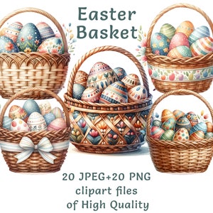 Imágenes prediseñadas de canasta de Pascua, 20 canastas decoradas con huevos, PNG y JPEG de alta calidad, imágenes imprimibles de primavera en acuarela para uso comercial