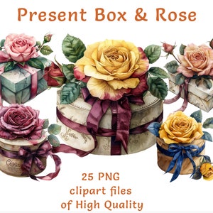 Geschenk Box Clipart | 25 PNG-Dateien | Aquarell Blumen Clipart | Rosen Aufkleber | Kommerzielle Nutzung | Muttertag Digital Decor | Scrapbooking