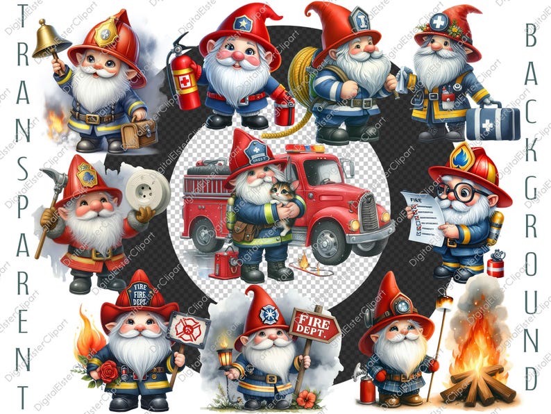 Gnome Clipart | 49 PNG | Watercolor Firefighter Clipart | Commercial ...