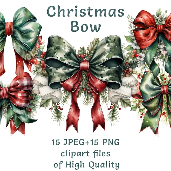 Watercolor Christmas Bow clipart 15 High quality PNGs and JPEGs advent bow clip art Christmas green fabric bow with wreath printables