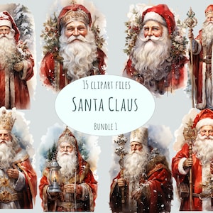Clipart Père Noël | 15 fichiers PNG | Clipart Noël aquarelle | Graphiques festifs à usage commercial | Impression d'art numérique hiver en sublimation