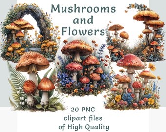 Mushroom clipart bundle, Watercolor floral clipart, Commercial use wild flowers sticker set, sublimation print forest decor png art pack