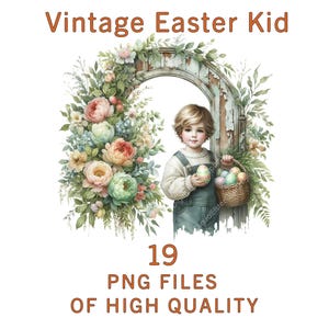Op de afbeelding: Vintage paas kind clipart set met 19 PNG bestanden. Een jonge jongen in een blauw shirt en overall houdt een mand met kleurrijke paaseieren vast. Hij staat voor een houten boog die versierd is met lentebloemen.