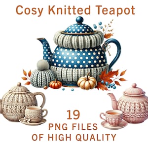 Gestrickte Teekanne Clipart | 19 PNG Gemütlicher Tee & Wolle Texturen Kunst | Aquarell Sublimation, Aufkleber, Küchendekoration, Herbst Handwerk, Hauskunst