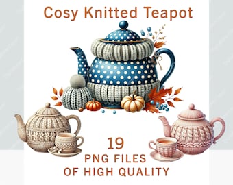 Clipart gebreide theepot | 19 png Gezellige thee- en woltexturenkunst | Aquarelsublimatie, stickers, keukendecor, herfstambachten, huiskunst