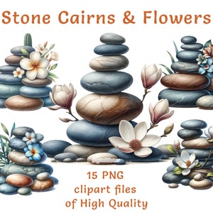 Clipart floral cairn de pierre - 15 PNG aquarelle, usage commercial, idéal pour les projets de pleine conscience, la marque de spa et la décoration intérieure relaxante