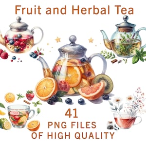 Tee Clipart Bundle | 41 PNG Kräuter- & Früchtetee-Kunst | Aquarell Teekanne Sublimation, Cafe Branding, Aufkleber, gemütliches Küchendekor, Cafe Bilder