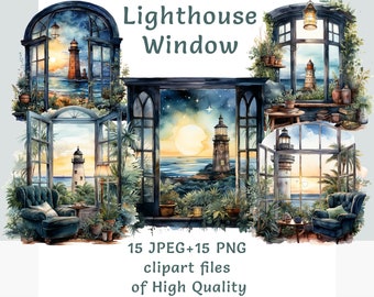 Vuurtoren clipart bundel, aquarel lichte clipart, strandstickers voor commercieel gebruik, sublimatie print zee oceaan raam uitzicht set