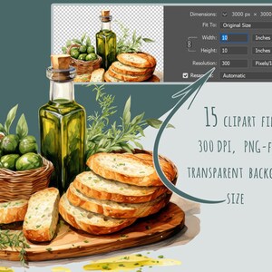 A collection of 15 Mediterranean food cliparts featuring fresh bread, olive oil, herbs, and garlic. Perfect for restaurant menus, food blogs, kitchen wall art, and Italian-themed projects.
