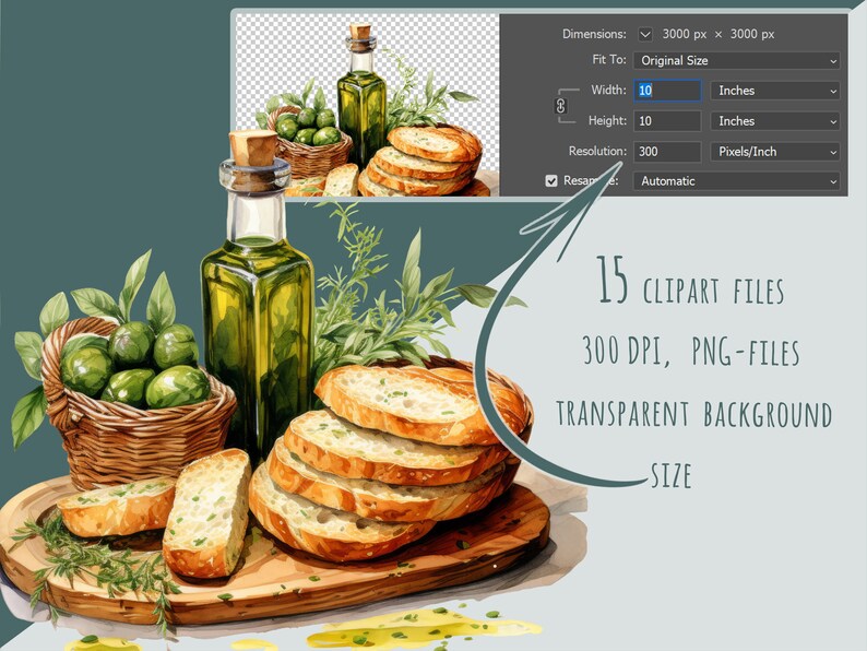A collection of 15 Mediterranean food cliparts featuring fresh bread, olive oil, herbs, and garlic. Perfect for restaurant menus, food blogs, kitchen wall art, and Italian-themed projects.