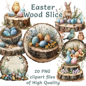 Clipart de acuarela de rebanada de madera de Pascua: 20 archivos PNG para regalos personalizados, manualidades y decoración del hogar: descarga digital de arte, uso comercial