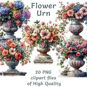 Clipart de Urna de Pedra - 20 Arquivos PNG de Flores em Aquarela, Arte Digital de Flores Rústicas para Uso Comercial, Download Instantâneo de Adesivos de Decoração para Casa