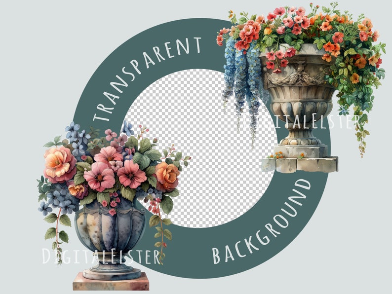 Urn Sticker Stone Urn Clipart Bundle, Watercolor Floral Stickers, Commercial Use ...
