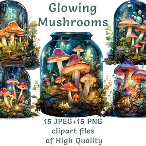 Clipart de cogumelos | 15 PNG + JPEG | Adesivos de cogumelos brilhantes em aquarela em jarras | Pacote digital de impressão por sublimação de fantasia para uso comercial