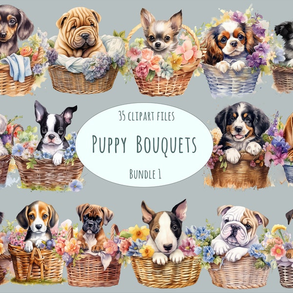 Puppy in Woven Basket Clipart: 35 Watercolor PNG Digital Art Collection, Cozy Pet Imagery, Dog Commercial Use Sweet Puppies Printables