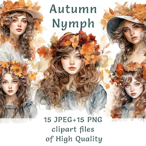 Herfst meisje portret clipart-15 aquarel bladeren & gezichten JPEG/PNG, seizoensgebonden digitale kunst voor commercieel gebruik, Victoriaanse bruiloft clipart