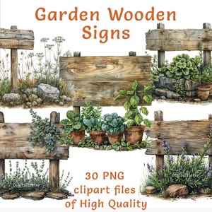 Clipart de placas de jardim de madeira rústica | 30 ilustrações de fazenda vintage PNG para sublimação, branding, artesanato faça você mesmo, adesivos de rótulo de aquarela