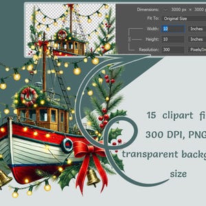 Ensemble de cliparts Noël, autocollants nautiques, 15 PNG, aquarelle, motifs sur le thème de la marine, usage commercial, collection d'autocollants lumineux de Noël