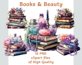 Books clipart bundle, 15 Watercolor transparent PNG Files for library decor or bookworm presents floral decor commercial use sublimation set