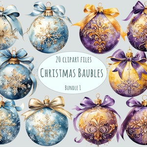 May include: A set of 20 watercolor Christmas baubles in blue, purple, and gold with snowflake and ornate designs. The baubles are perfect for adding a touch of elegance to your holiday decor.
