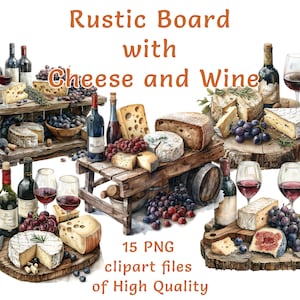Clipart charcuteriebord | 15 png-gastronomische kaaswijnkunst | Aquarel voedselstickers, menu's en rustiek keukendecor, cafémuurkunst