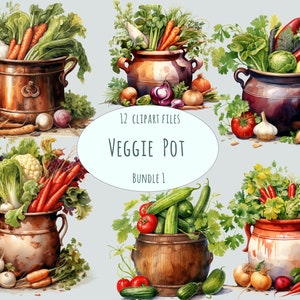 Clipart de panela em aquarela, 12 PNG de alta qualidade, ilustração de cozinha digital, download instantâneo, adesivos para impressão de comida de menu vegano