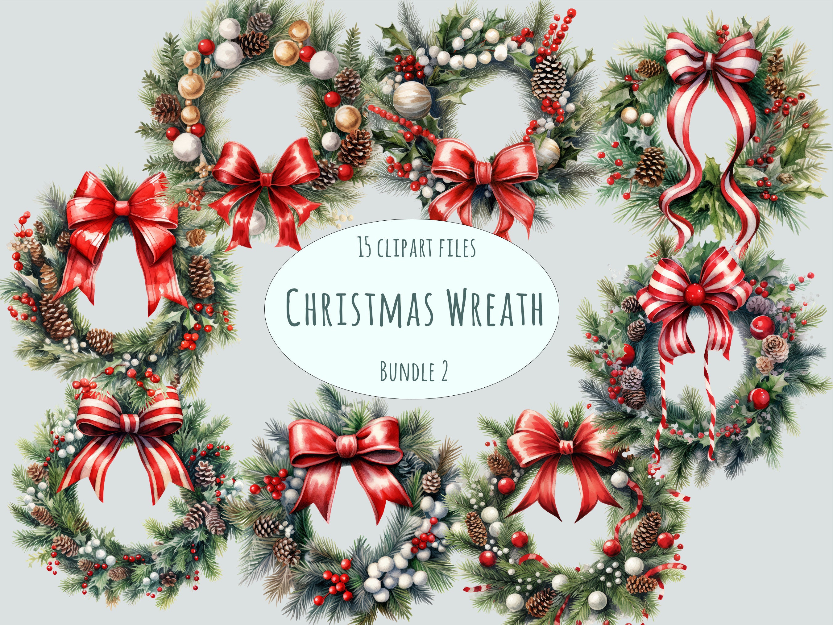 Watercolor Christmas Wreath Clipart, 15 High Quality PNG, Advent Wreath ...