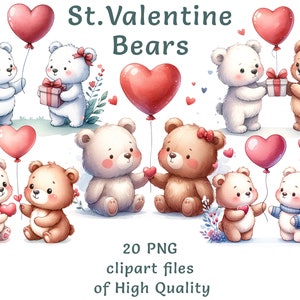 Clipart de oso de peluche de San Valentín / 20 lindos osos de amor con globos PNG / Arte romántico de osos de pareja para tarjetas, invitaciones, impresiones de sublimación