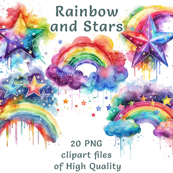 Rainbow and Stars Clipart, 20 Watercolor  PNG, Magical Sky Digital Art for Commercial Use, Instant Download, Nursery or Child room Decor