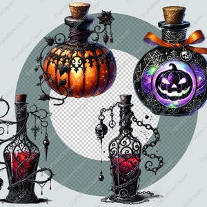 Op de afbeelding: Drie Halloween-thema glazen flessen met zwarte metalen kooien en ingewikkelde ontwerpen. De flessen bevatten verschillende gekleurde vloeistoffen en hebben pompoen- en schedelmotieven.