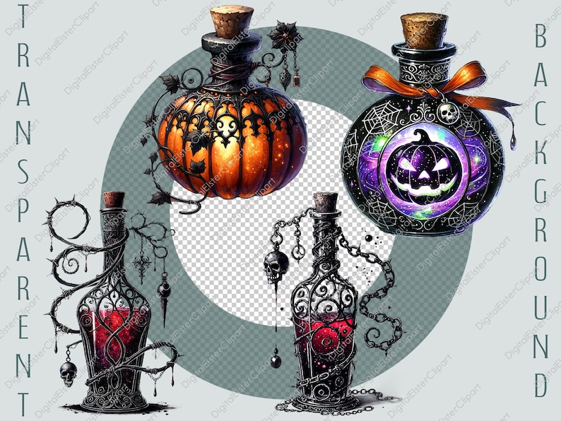 Op de afbeelding: Drie Halloween-thema glazen flessen met zwarte metalen kooien en ingewikkelde ontwerpen. De flessen bevatten verschillende gekleurde vloeistoffen en hebben pompoen- en schedelmotieven.