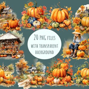 May include: Watercolor illustrations of pumpkins and autumn foliage. The image includes various arrangements of pumpkins, gourds, and fall leaves, with a farmhouse and a girl with a hat. The text reads "20 PNG FILES WITH TRANSPARENT BACKGROUND."
