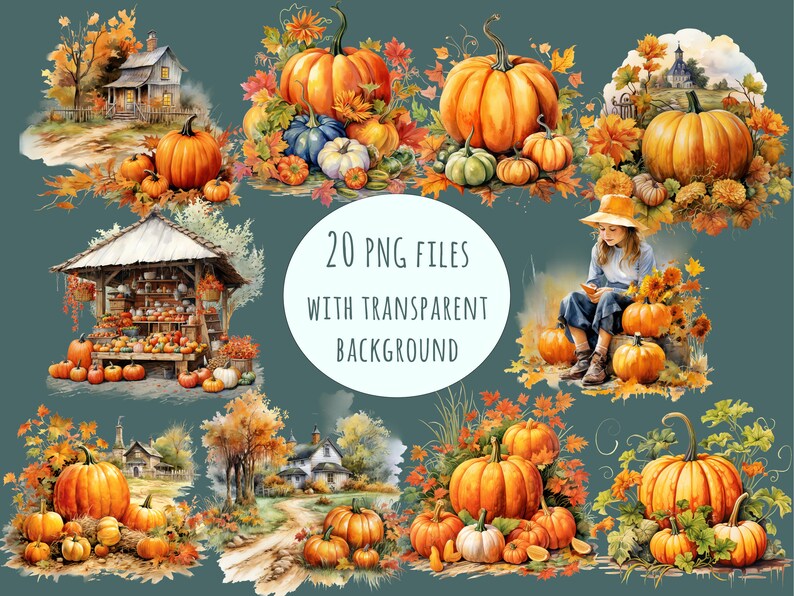 May include: Watercolor illustrations of pumpkins and autumn foliage. The image includes various arrangements of pumpkins, gourds, and fall leaves, with a farmhouse and a girl with a hat. The text reads "20 PNG FILES WITH TRANSPARENT BACKGROUND."