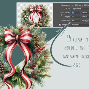 Clipart couronne de Noël, 15 PNG de haute qualité, autocollants aquarelle couronne de l'Avent, usage commercial, décoration de vacances d'hiver, imprimables festifs