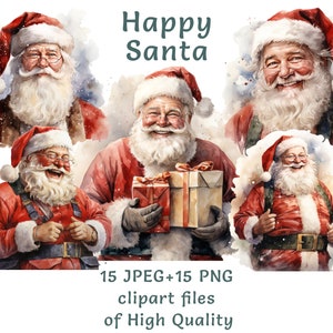 Clipart de Papai Noel em aquarela, 15 PNG e JPEG de alta qualidade, clipart de Natal para impressão festiva para uso comercial, adesivos de inverno felizes e sorridentes