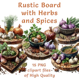 Bundle de cliparts aquarelle herbes et épices de cuisine rustique : 15 PNG, éléments artisanaux, usage commercial, pack numérique vintage à base de plantes