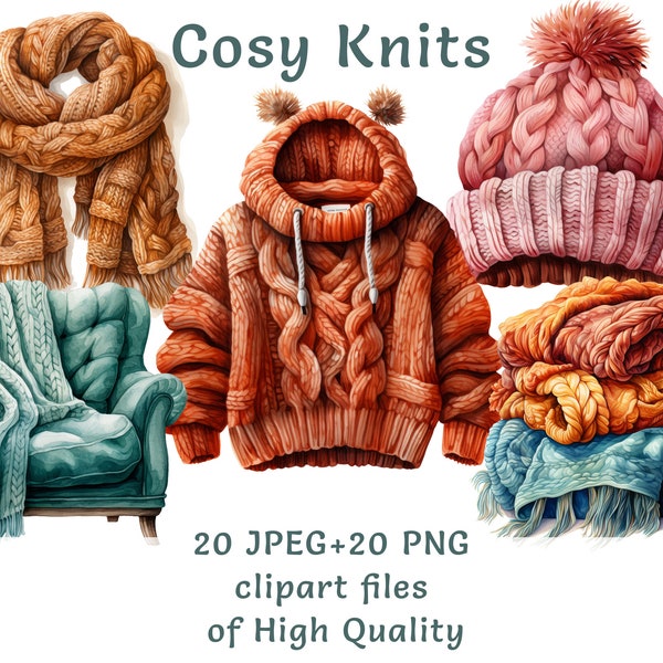 Winter Knitwear Clipart, 20 Watercolor Cozy Styled Clothes in PNG & JPEG, Fashionable Knitted Goods Digital Art for Commercial Use