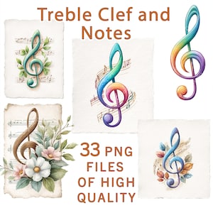 Clipart Clé de Sol | 33 fichiers PNG | Clipart Notes de musique à l'aquarelle | Partition pour usage commercial | Lot scolaire imprimé par sublimation