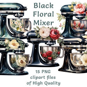 May include: Five black stand mixers with floral designs. Each mixer has a silver bowl and a floral design on the side. The floral designs include roses, peonies, and other flowers in shades of pink, white, and red.