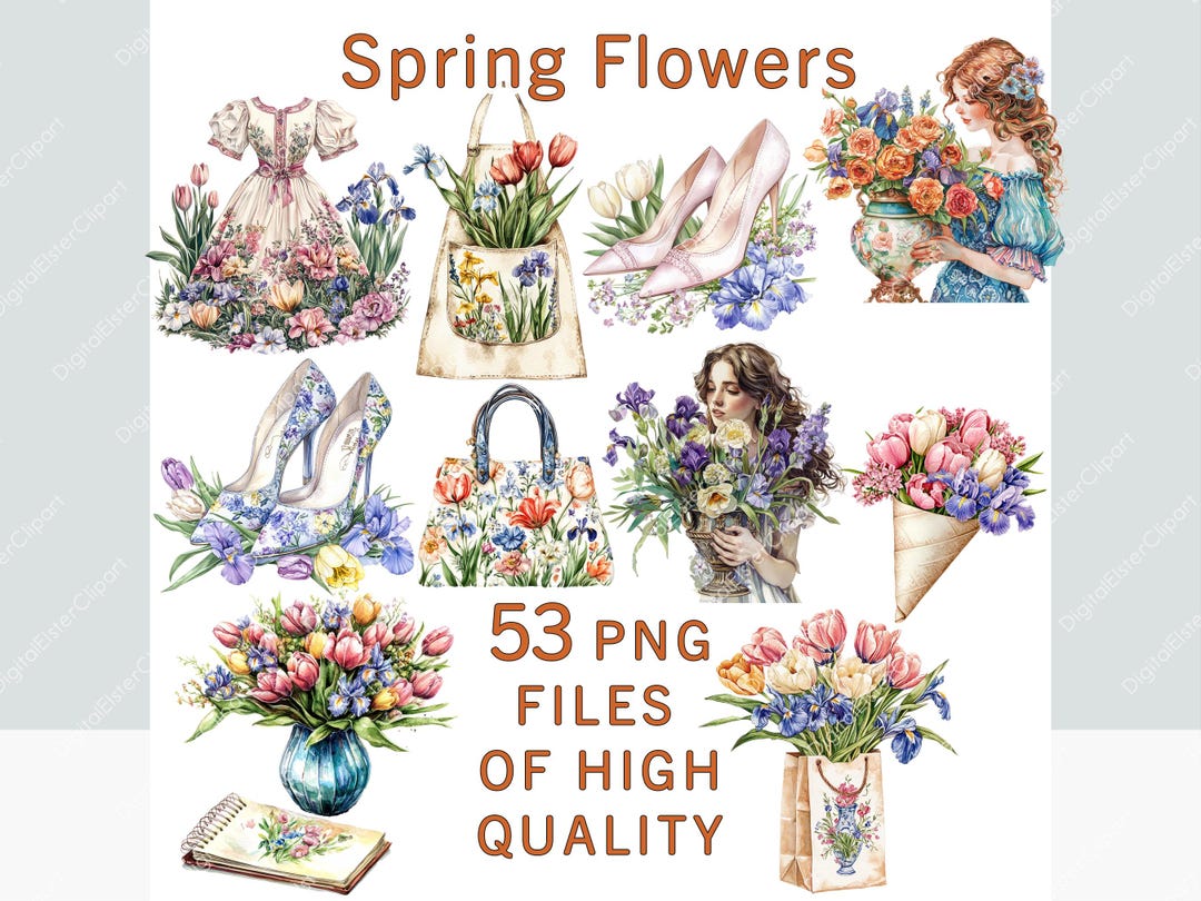 Spring Flowers Clipart Bundle, Watercolor Floral Clipart, Commercial ...