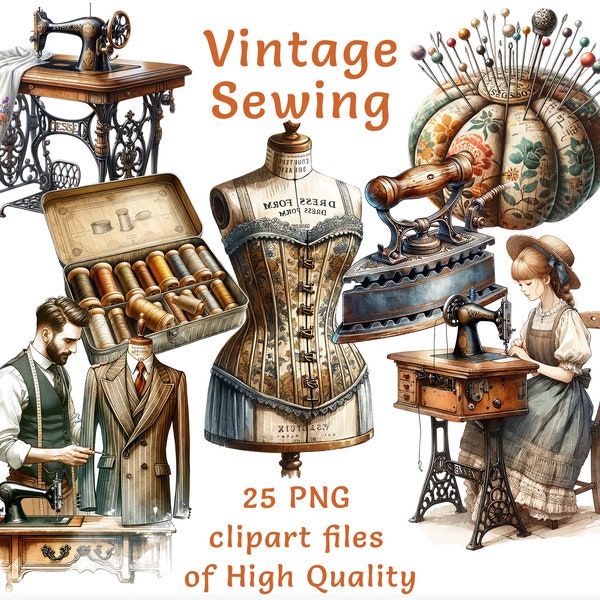 Vintage Sewing Clipart Set – 25 Watercolor PNG Files for Commercial Use, Tailor-Made for Creators, Classic Antique Crafting Clip art set