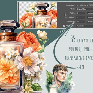 May include: Watercolor illustration of a perfume bottle with a silver cap and a brown top, filled with flowers. The image includes orange and white flowers, and the text "35 CLIPART FILES, 300 DPI, PNG-FILES, TRANSPARENT BACKGROUND, SIZE".