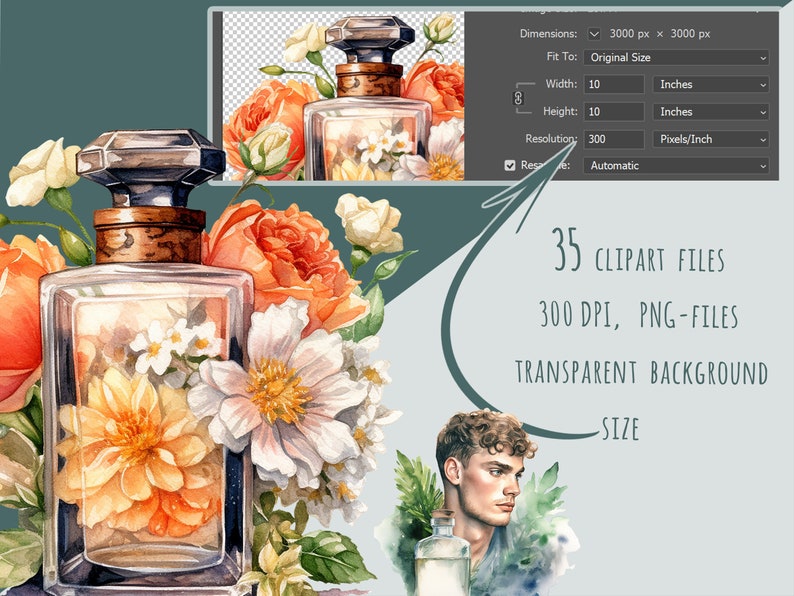 May include: Watercolor illustration of a perfume bottle with a silver cap and a brown top, filled with flowers. The image includes orange and white flowers, and the text "35 CLIPART FILES, 300 DPI, PNG-FILES, TRANSPARENT BACKGROUND, SIZE".