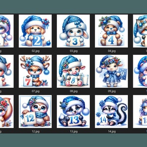 May include: A collection of fifteen watercolor illustrations of adorable animals wearing blue winter hats and holding numbered signs. The animals include a cat, dog, bunny, bear, fox, pig, deer, cow, sheep, hedgehog, squirrel, owl, skunk, and pony.