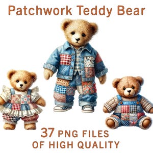 Teddy bear clipart | 37 PNG Files | Watercolor Patchwork bear toy clipart | Commercial use nursery stickers | Quilted bear digital decor