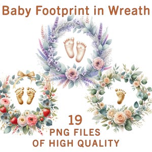 Neugeborene Clipart | 19 PNG-Dateien | Aquarell Blumenkranz | Baby Fußabdruck | Kinderzimmer Sticker | 1. Geburtstag Dekor | Wäschetrockner