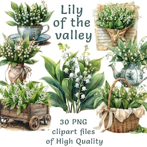 Clipart aquarelle de muguet - 30 fichiers PNG à usage commercial, art numérique floral, téléchargement immédiat, fleurs printanières dans des pots d'art